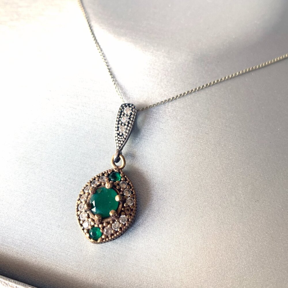 Semiprecious Green Gemstone & Crystal Sterling Silver Necklace